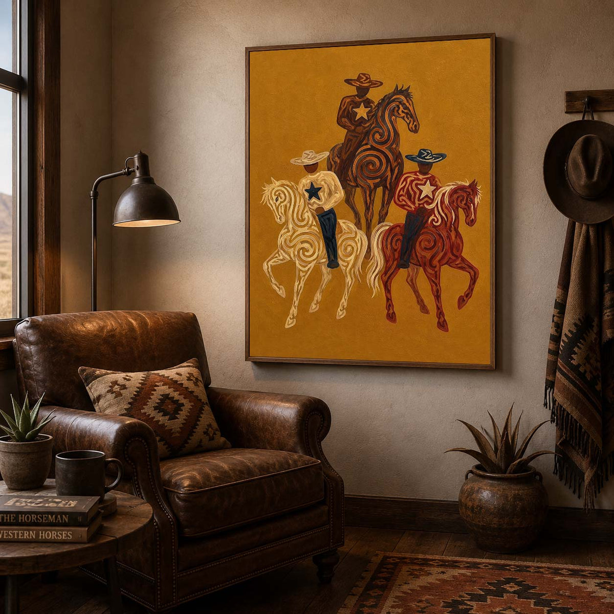 Western Cowboy Horse Oil Painting, Mustard Southwestern Wall Art, Hand Painted Ranch Decor