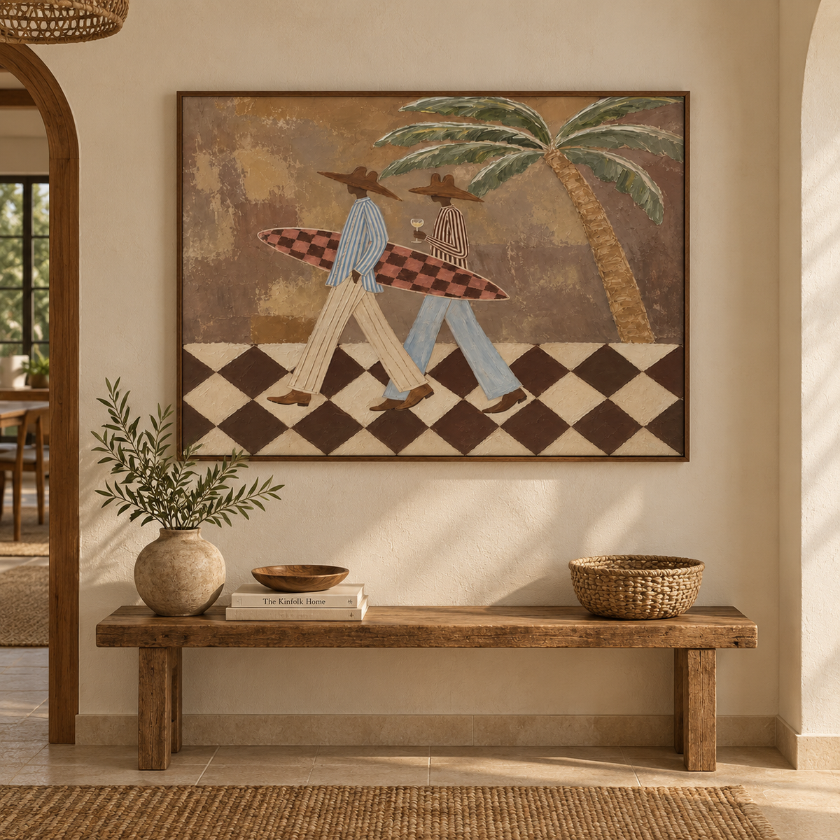 Vintage Cowboy Surf Art Hand-Painted Canvas With Palm Tree And Checkered Board