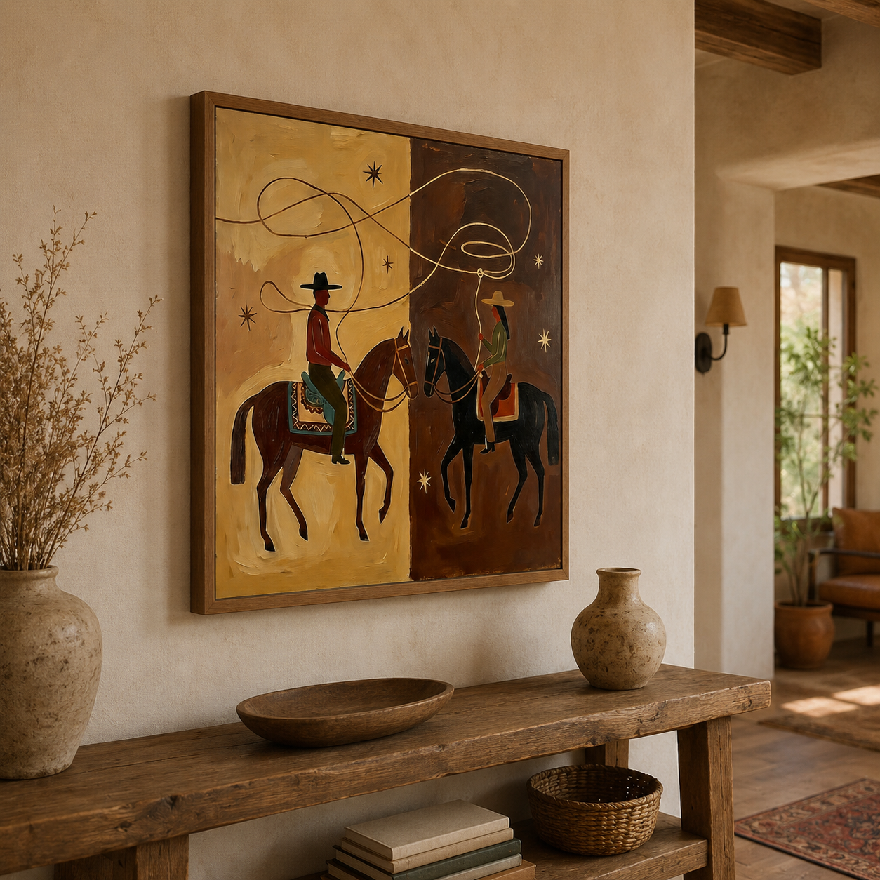 Western Cowboy Horse Painting Earthy Tones Modern Wall Art For Living Room