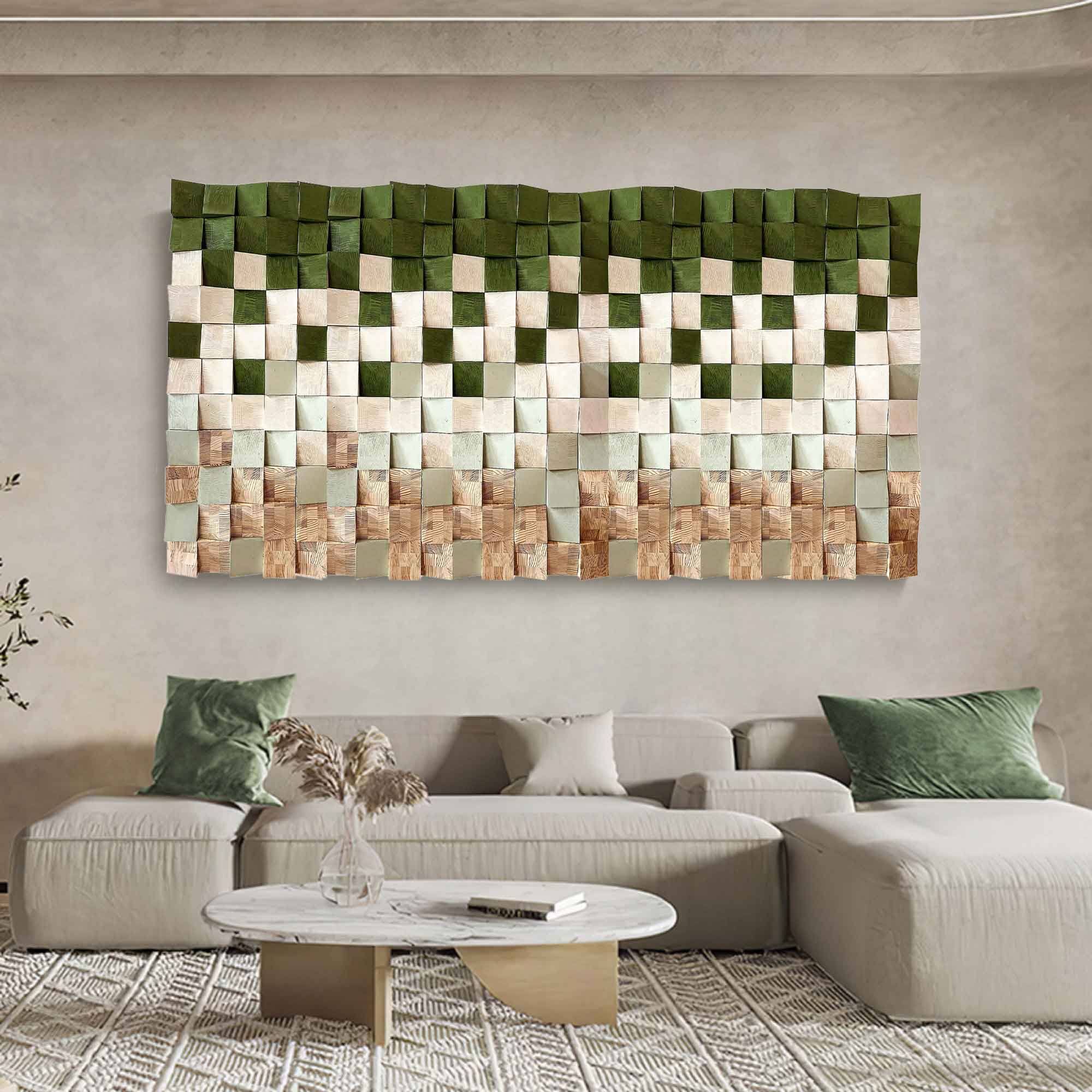 Green Geometric Wood Art Textured Wall Sculpture Wood carving wall art