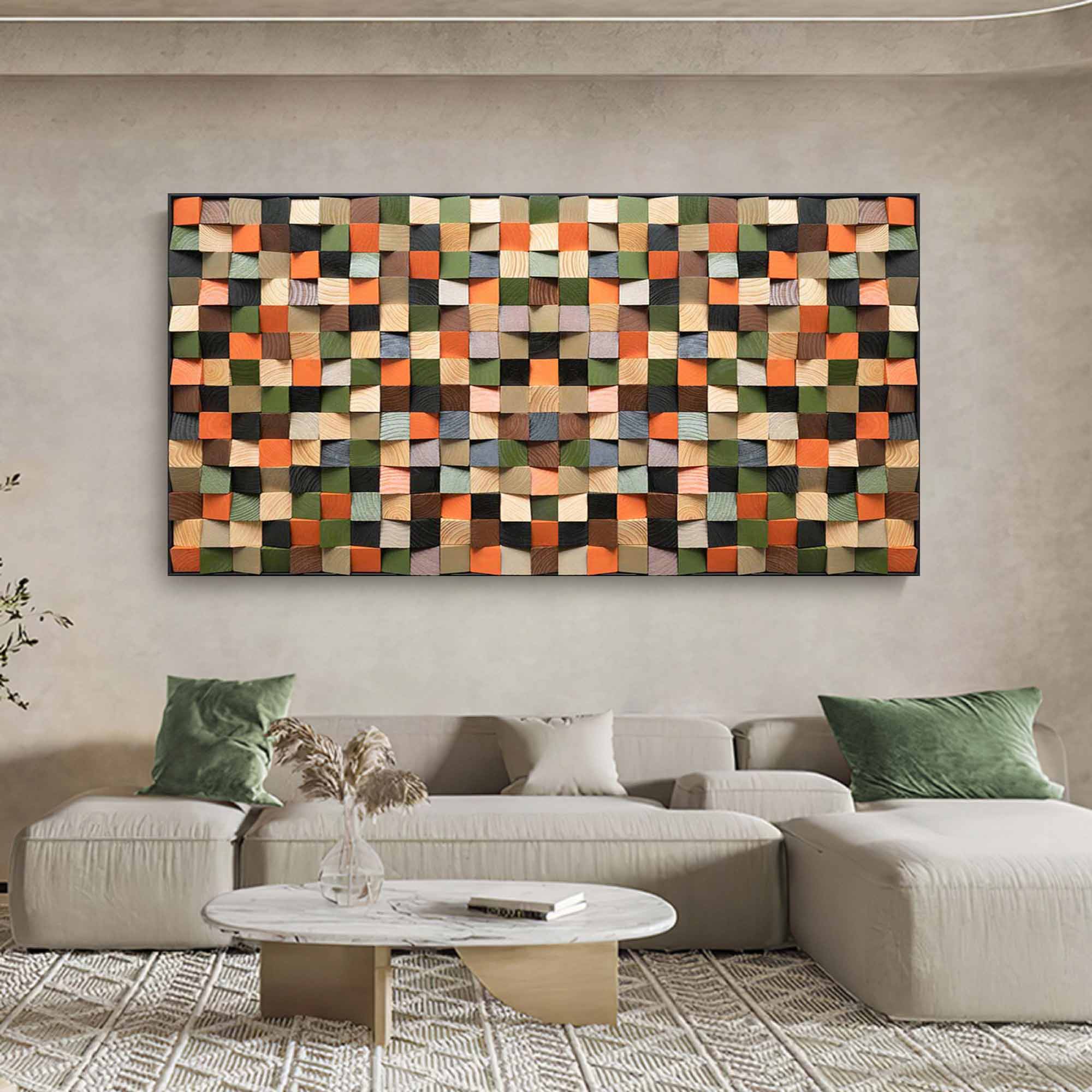Geometric Wood Wall Art Green Textured Wall art Green Sculptured art