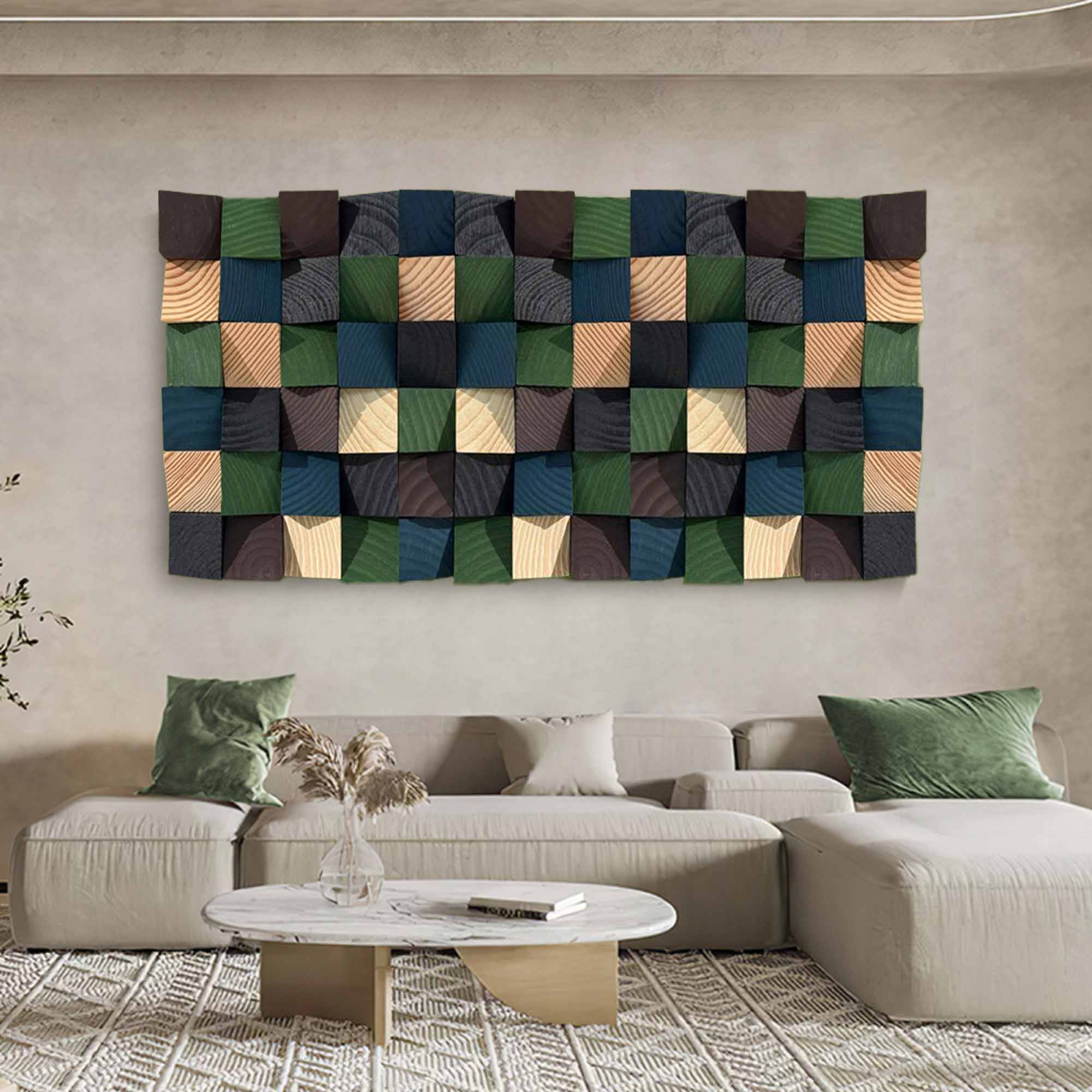 Green Geometric Wood Art Textured Wall Sculpture Wood carving wall art