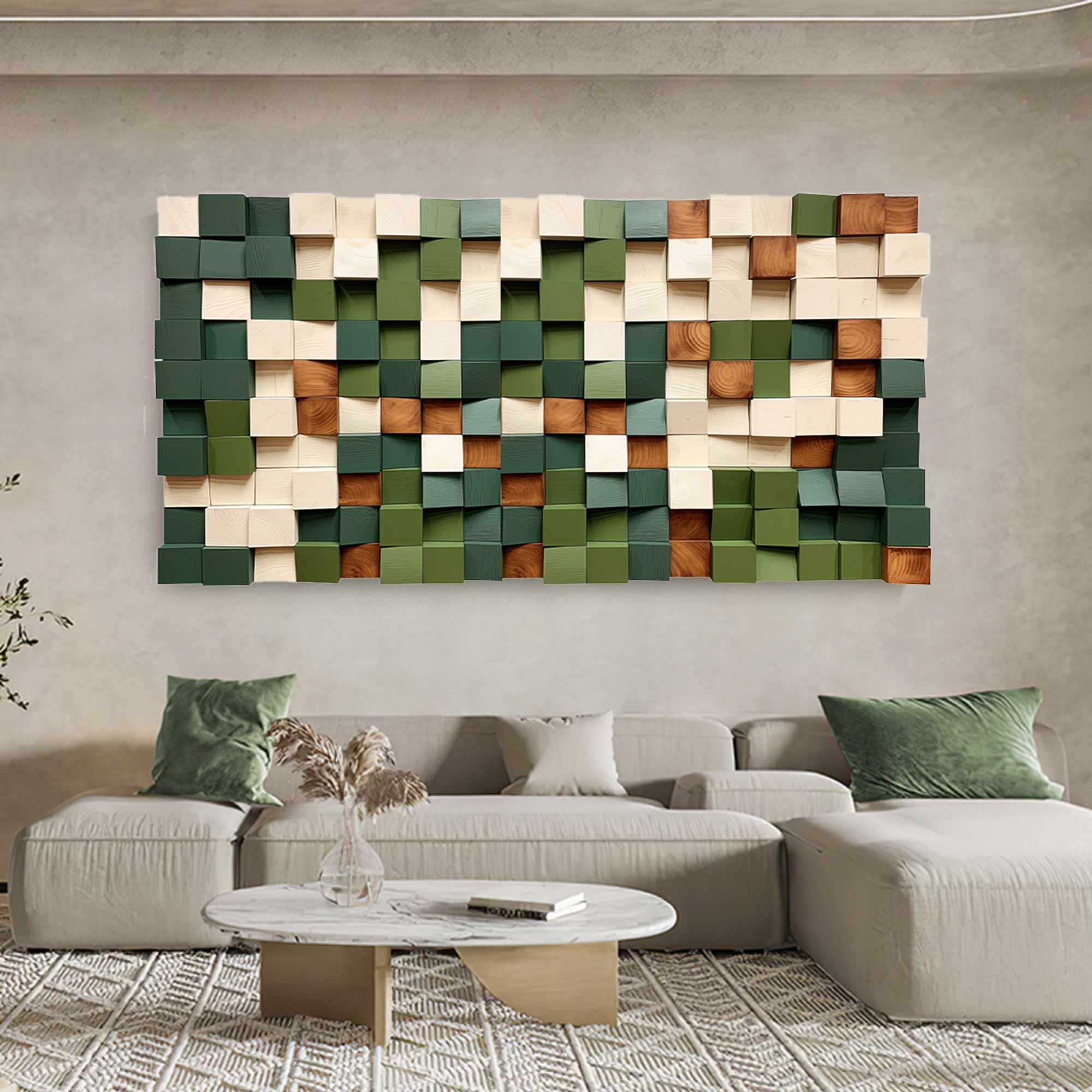 Green Geometric Wood Art Textured Wall Sculpture Wood carving wall art