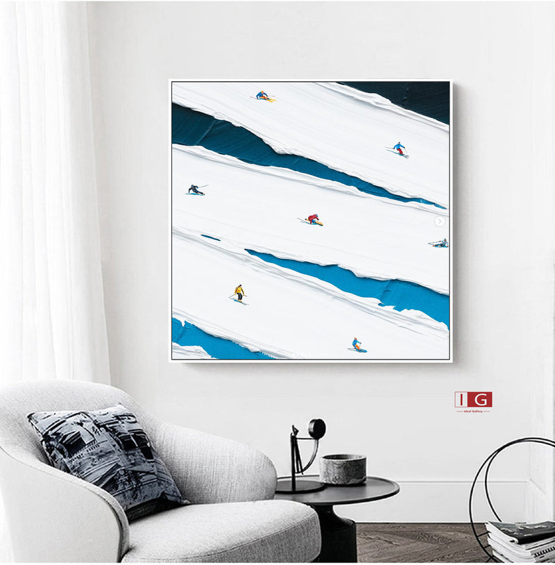 Skier Painting 3D Skiing Sport Art Textured Wall Art Personalized Gift For Skiers White Snowboards Painting 