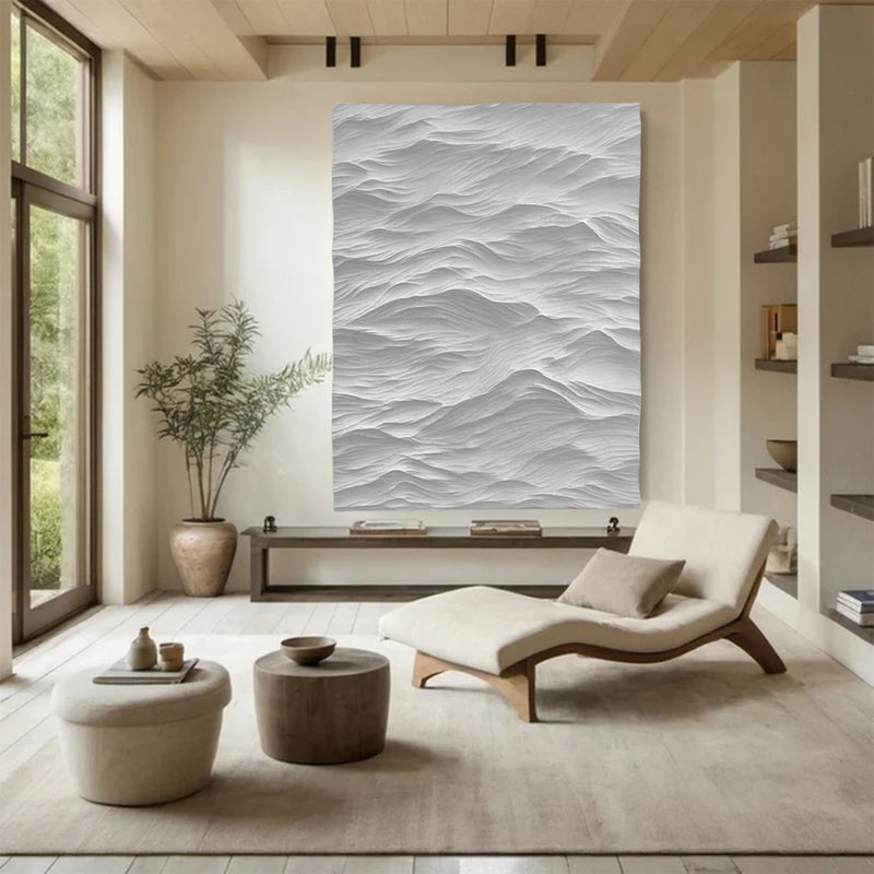 White Sculptured Wood Block Art Sculptured art Painting White sculpture Waves Textured Wall Decor 