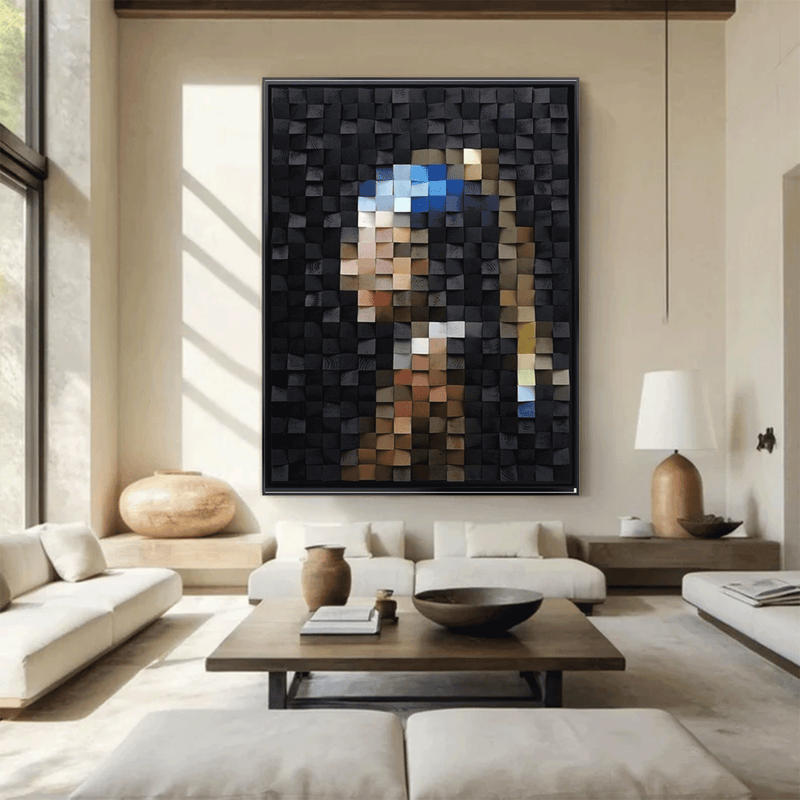 Art Portrait of Girl with Pearl Earring Geometric Wood Art Sculptured art Painting Wood Block Art