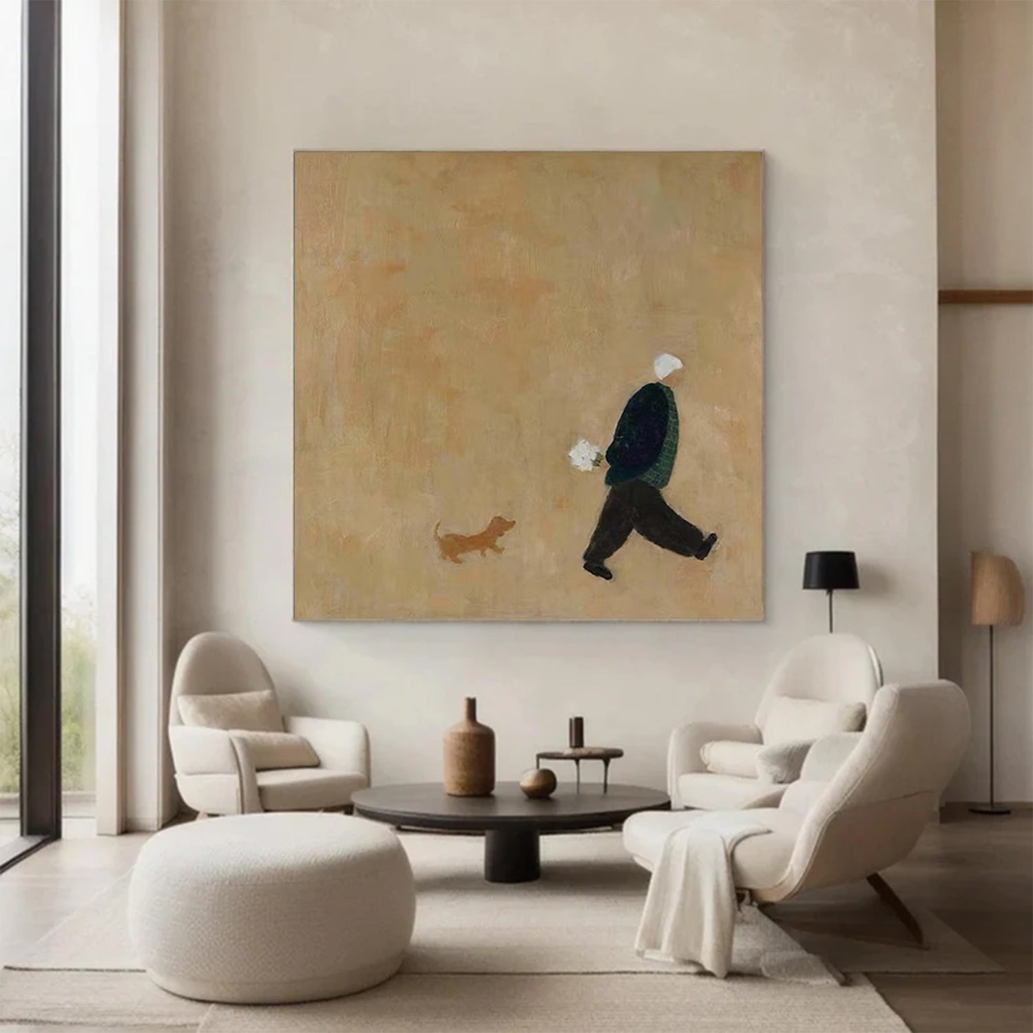Old man walking with puppy Oil Painting Brown Hand-Painted Canvas Art 
