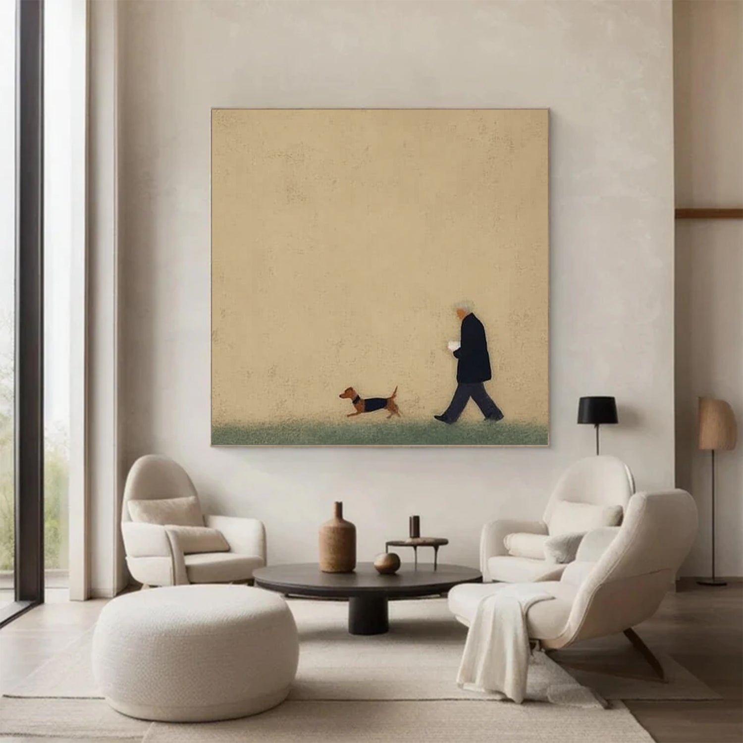 Man and puppy walking Oil Painting Brown Hand-Painted Canvas Art 