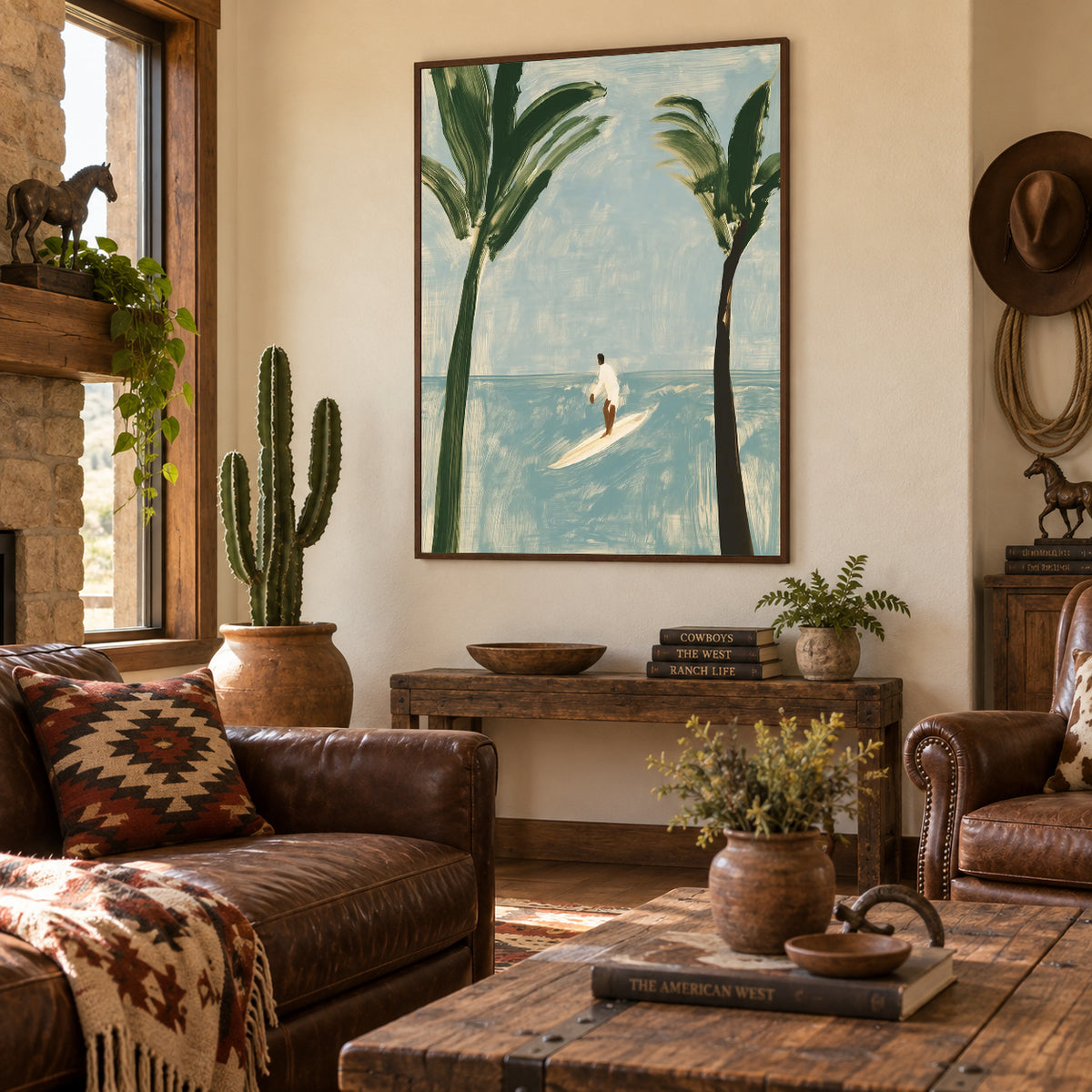 Surfer And Palm Trees Canvas Painting Modern Blue Beach Wall Art
