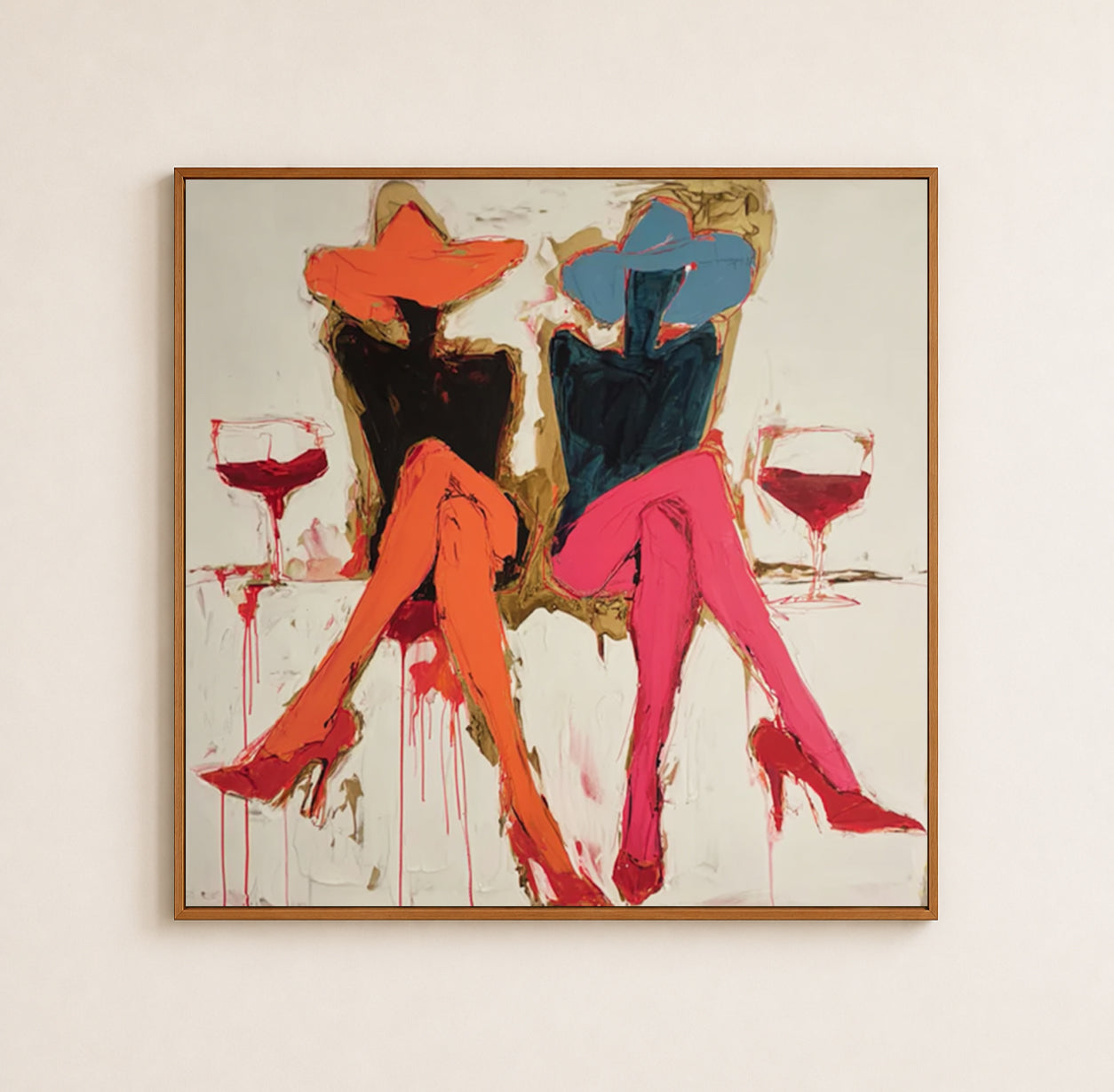 Stylish Fashion Girl Oil Painting With Orange Pink Tones For Living Room Decor