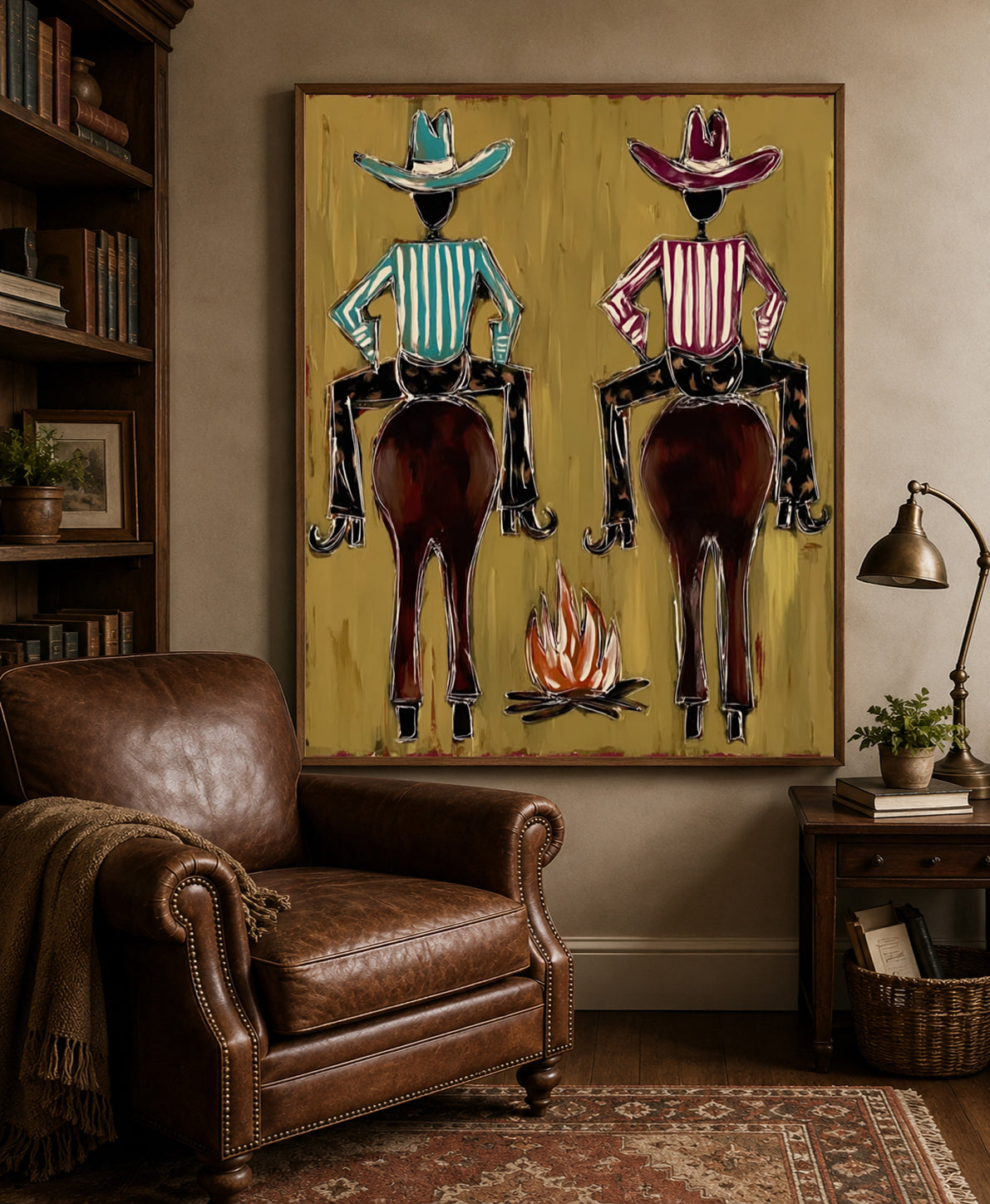 Hand-Painted Cowboy And Horse Canvas Painting With Campfire In Brown And Gold
