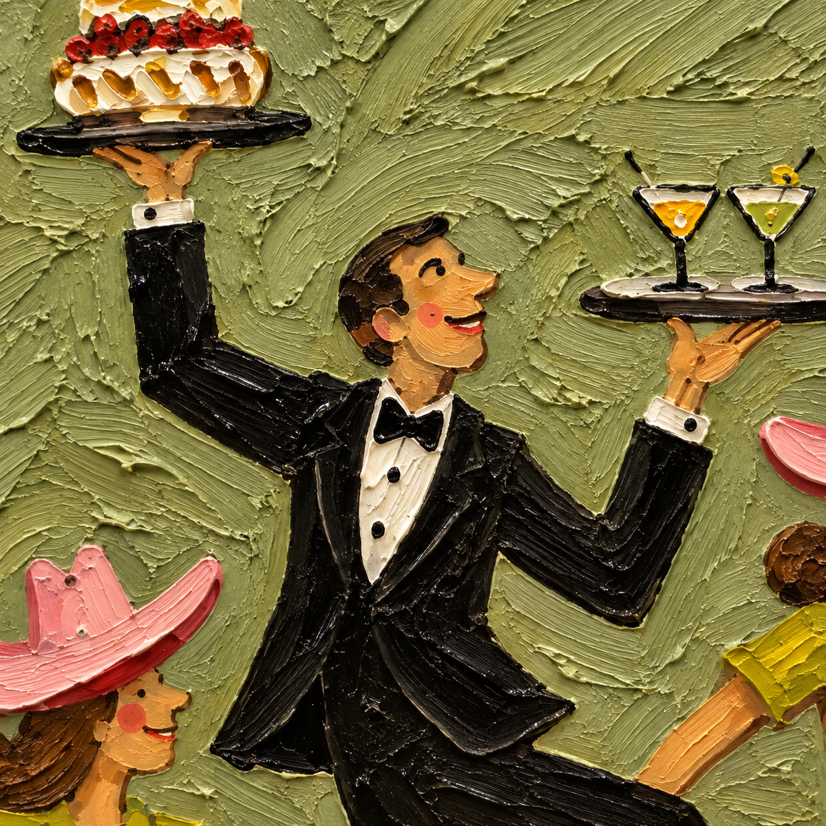 Sage Green Parisian Cafe Wall Art, French Bistro Waiter Painting Restaurant Dining Art