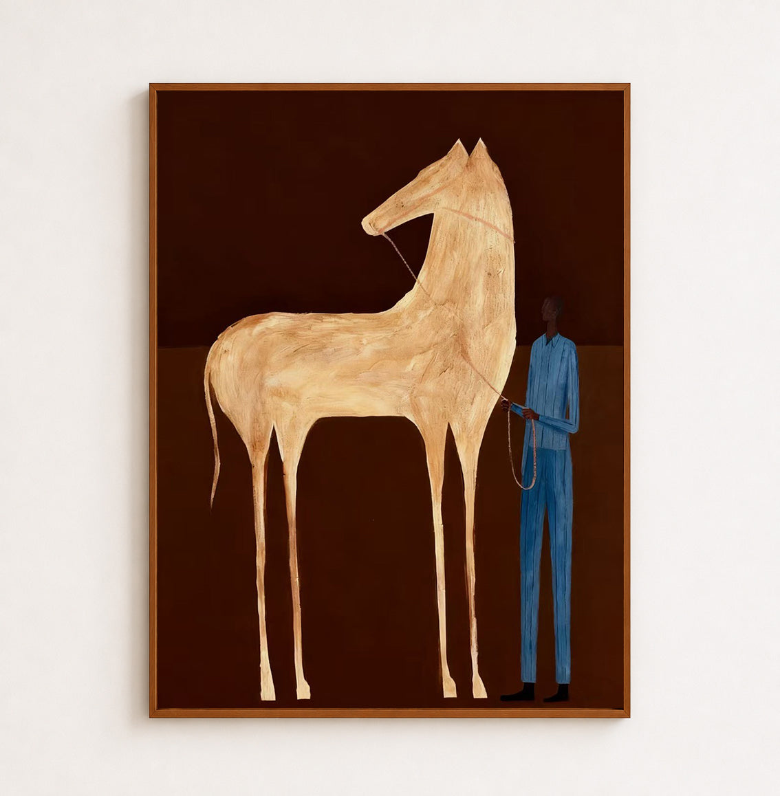 Vintage Horse Artwork Elongated Figure Painting Brown Beige Wall Decor