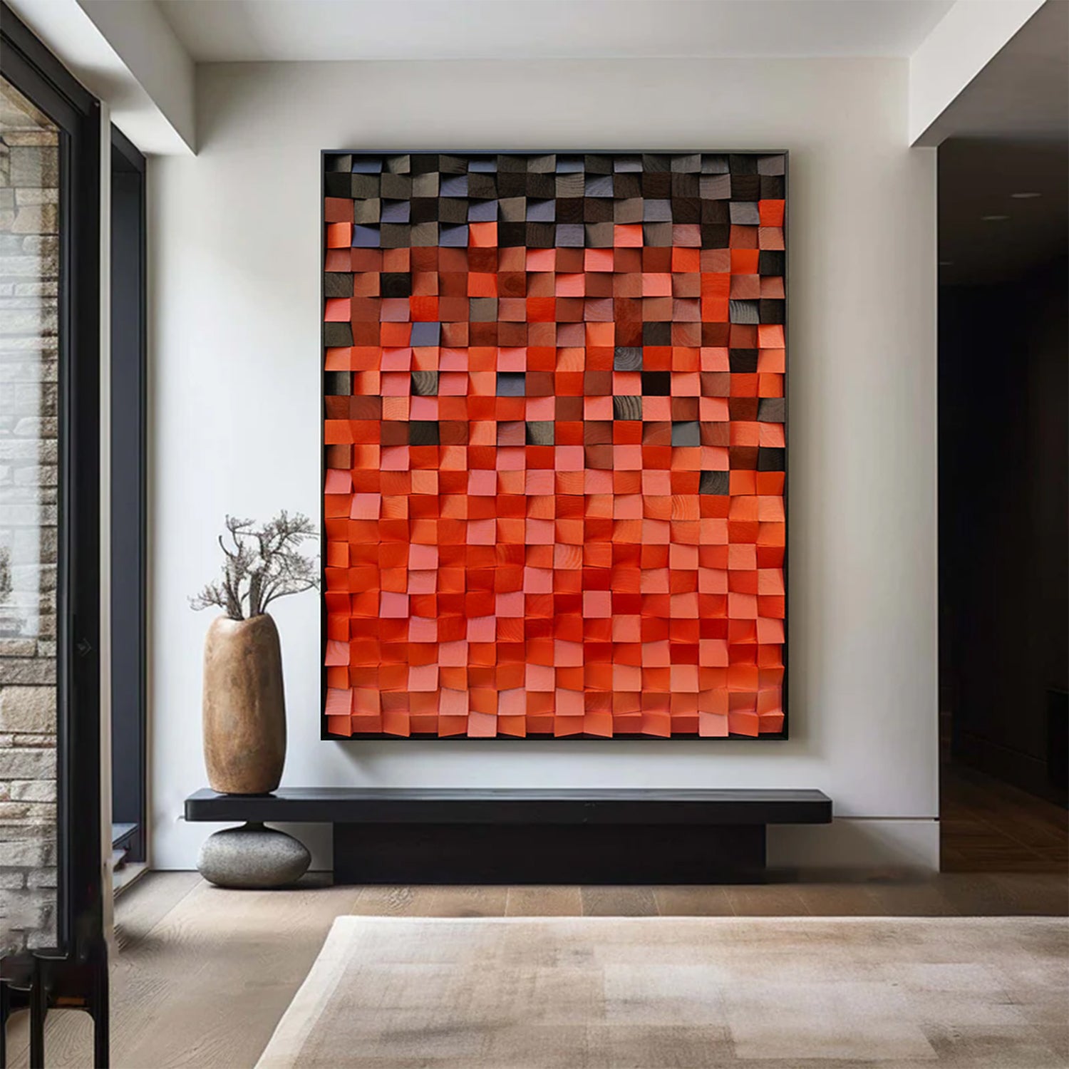 Wood Collage Wall Art decor Red Sculptured art Red Textured Wall Art 