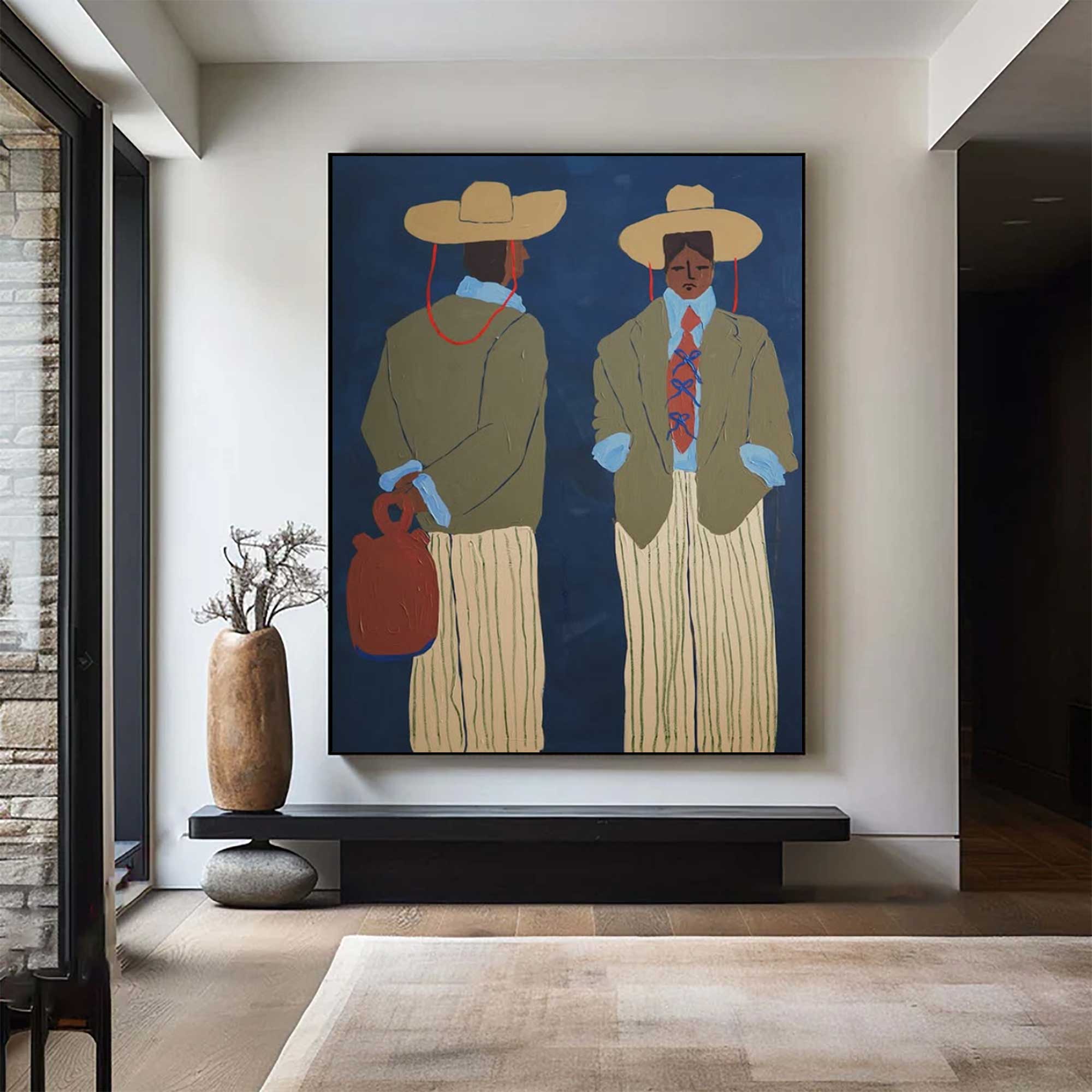 contemporary folk style male figure duo art Vintage Fashion Art Painting
