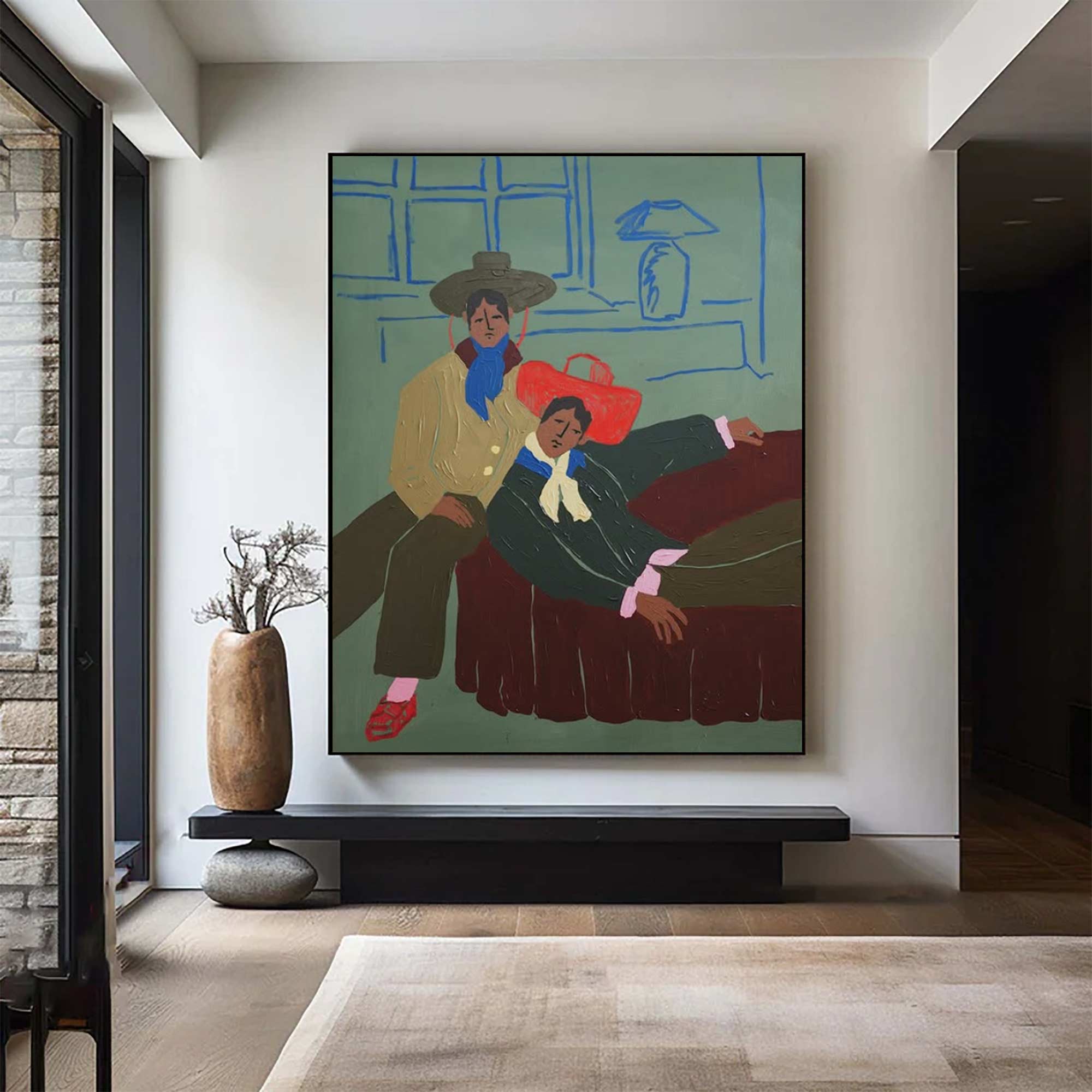 Bold Color Figurative Art folk art painting of two men in retro cowboy hats