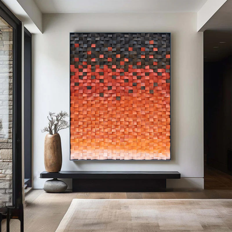 Wood Collage Wall Art decor orange color Sculptured Textured Wall Art 