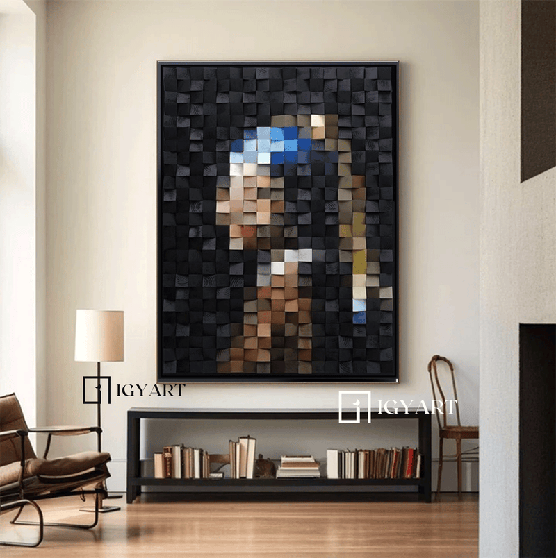 Art Portrait of Girl with Pearl Earring Geometric Wood Art Sculptured art Painting Wood Block Art