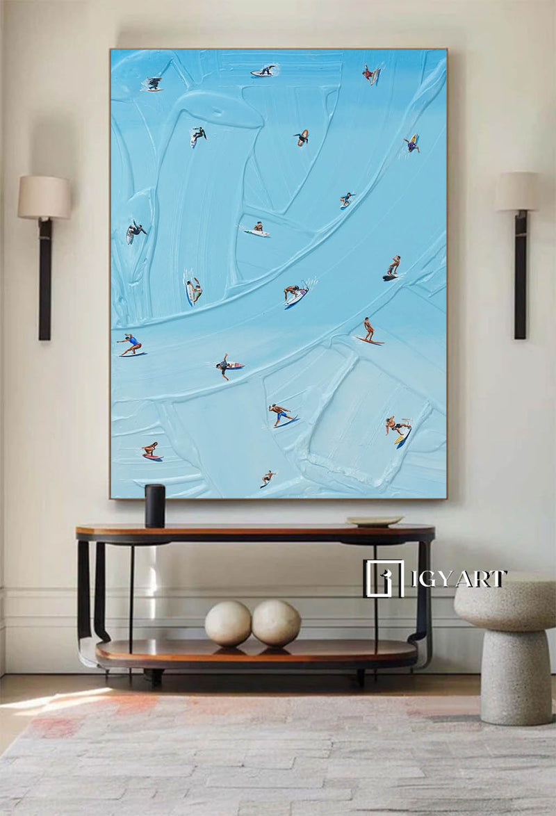 Large Blue surfing painting Wall Art Blue Minimalist Abstract Painting Light Blue surfing Abstract painting