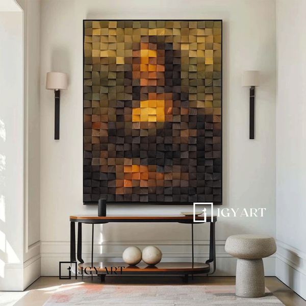 Mona Lisa's Smiling Portrait Art Geometric Wood Art Sculptured art Painting Wood Block Art