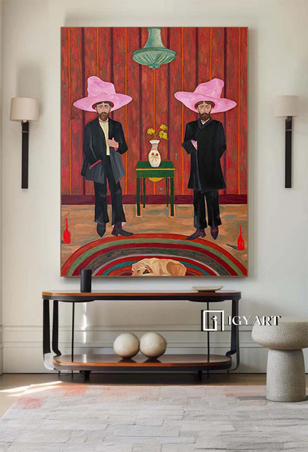Two Red hat figure painting Figure abstract painting, figure face art, red hat figure abstract painting