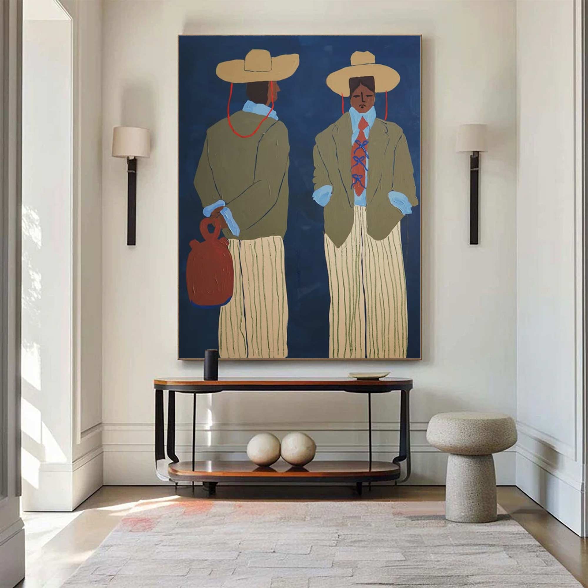 contemporary folk style male figure duo art Vintage Fashion Art Painting