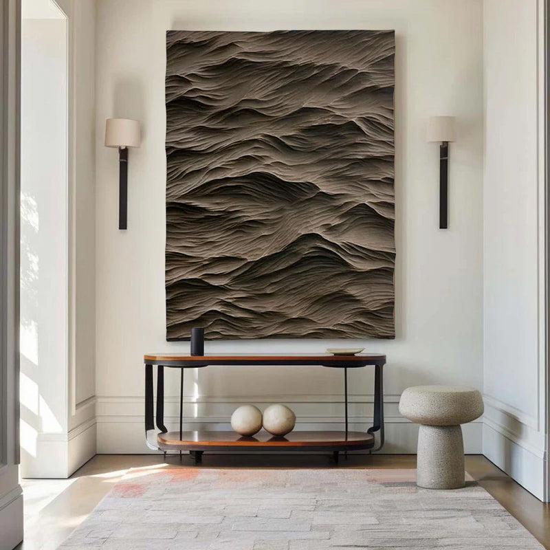 brown Sculptured Wood Block Art Sculptured art Painting brown sculpture Waves Textured Wall Decor 