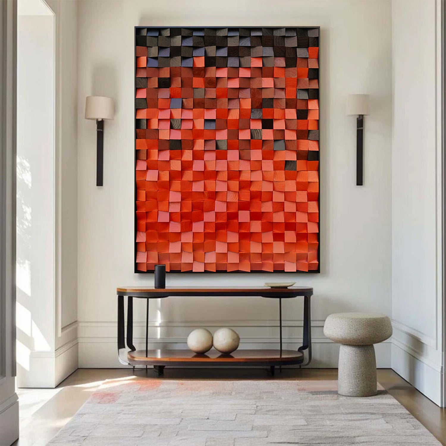 Wood Collage Wall Art decor Red Sculptured art Red Textured Wall Art 