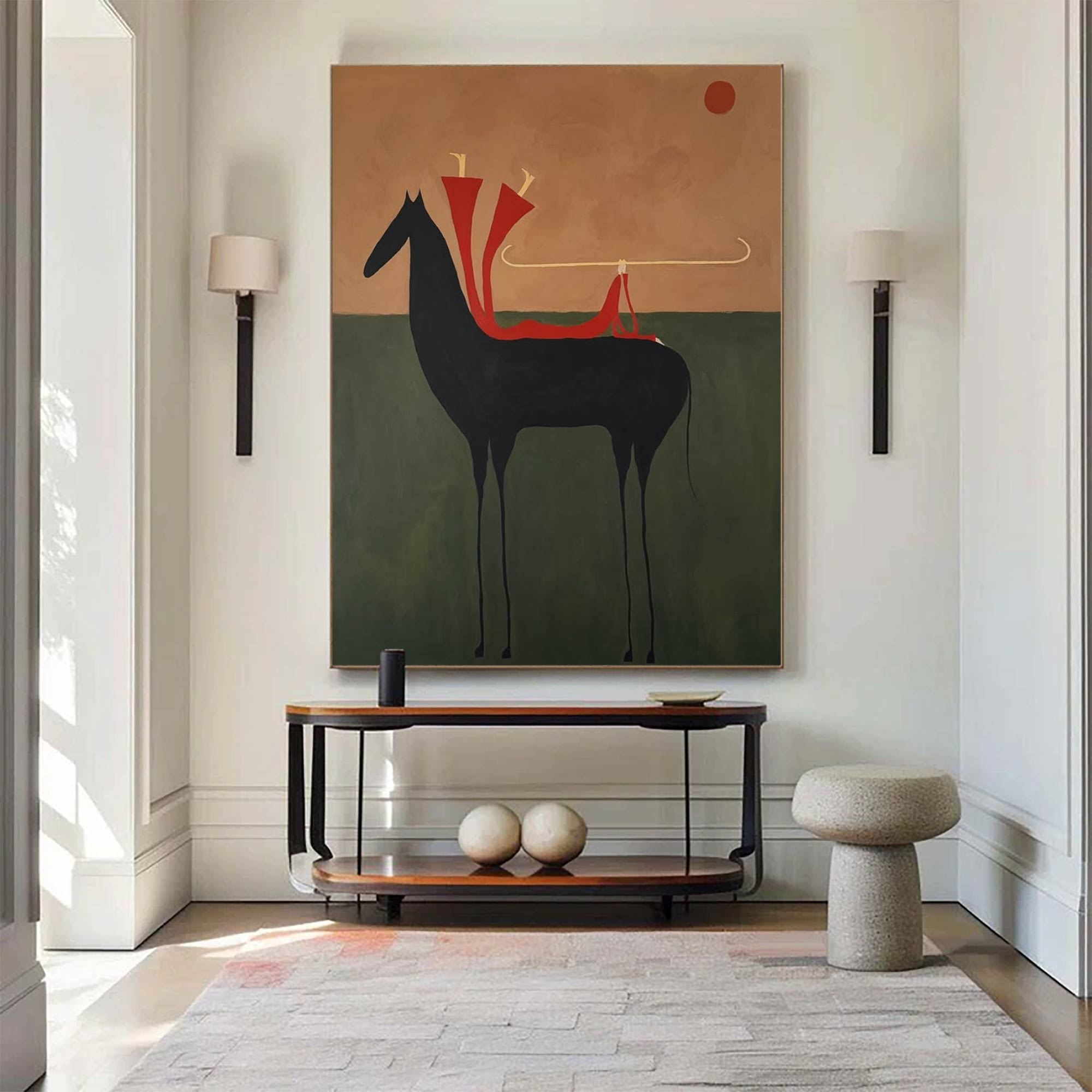 Surreal Horse & Rider Art Painting Whimsical Folk Art Wall Decor Quirky Equestrian Painting