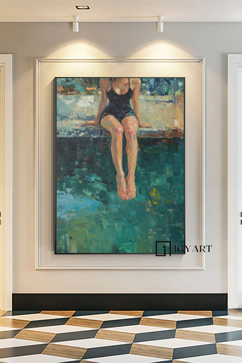 Woman by the pool canvas wall art impressionist oil painting relaxing summer tranquil art home decor