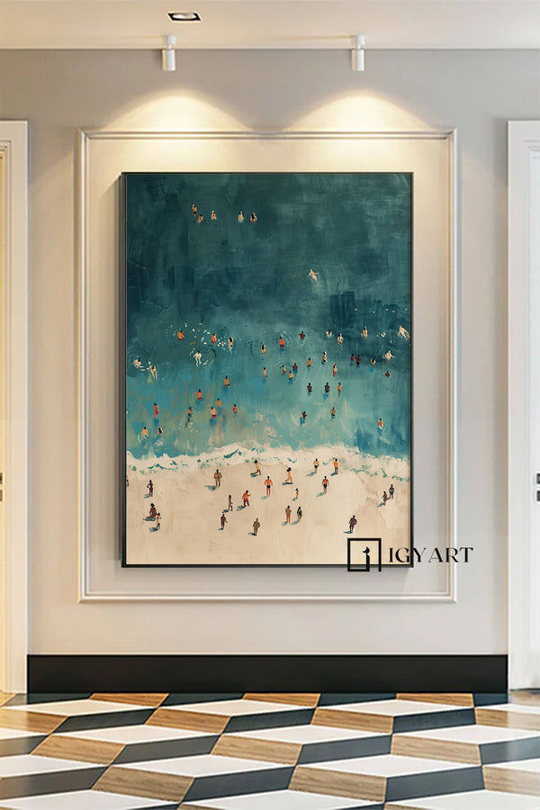 Tiny People Swimming in Ocean Hand-painted oil painting, swimming painting Summer Poster, Beach House Decor