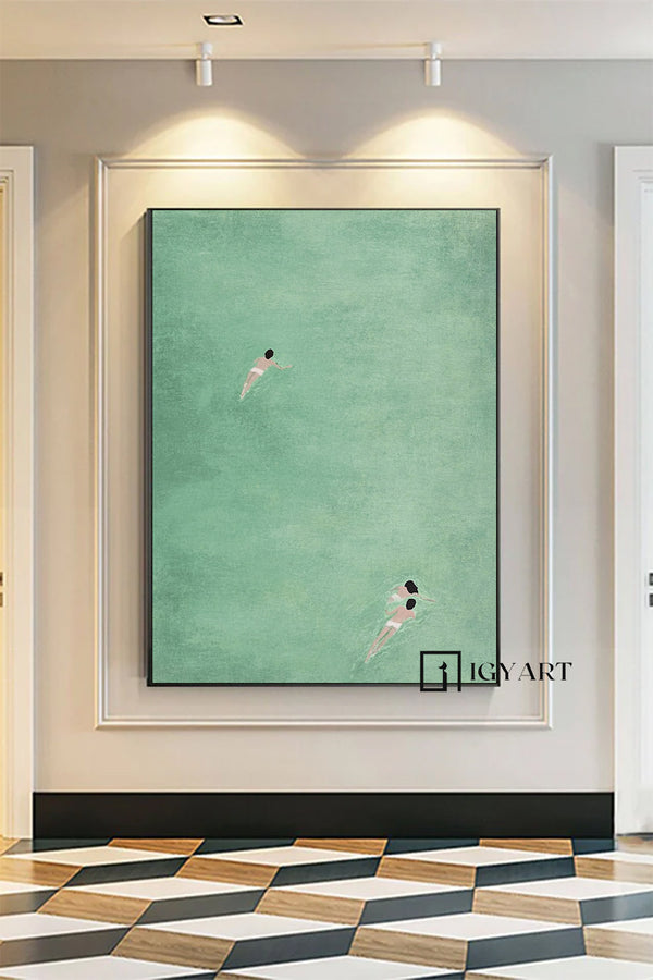 Family swimming painting,Swimming Drawing Large green wall art, Green Minimalist Painting, holiday style wall art