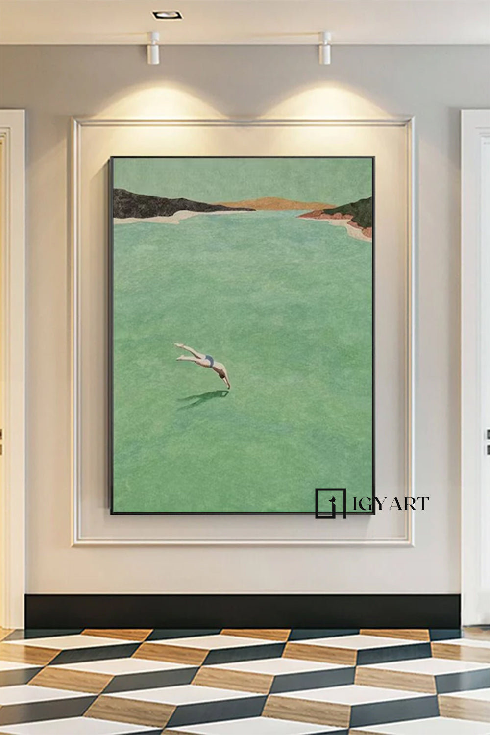 A man Diving Swimming Drawing Diving Swimming Drawing Large green wall art swimming painting holiday style wall art
