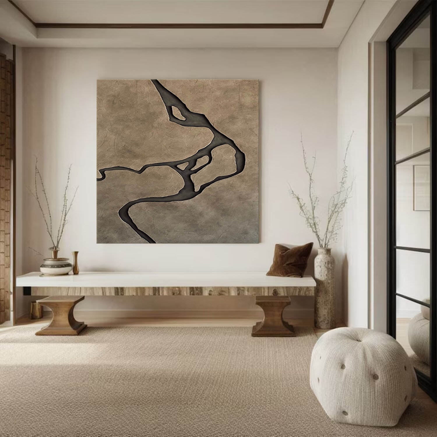 Earth Tone Japandi style 3D Wood Wall Art Wabi-Sabi River Relief for Living Room