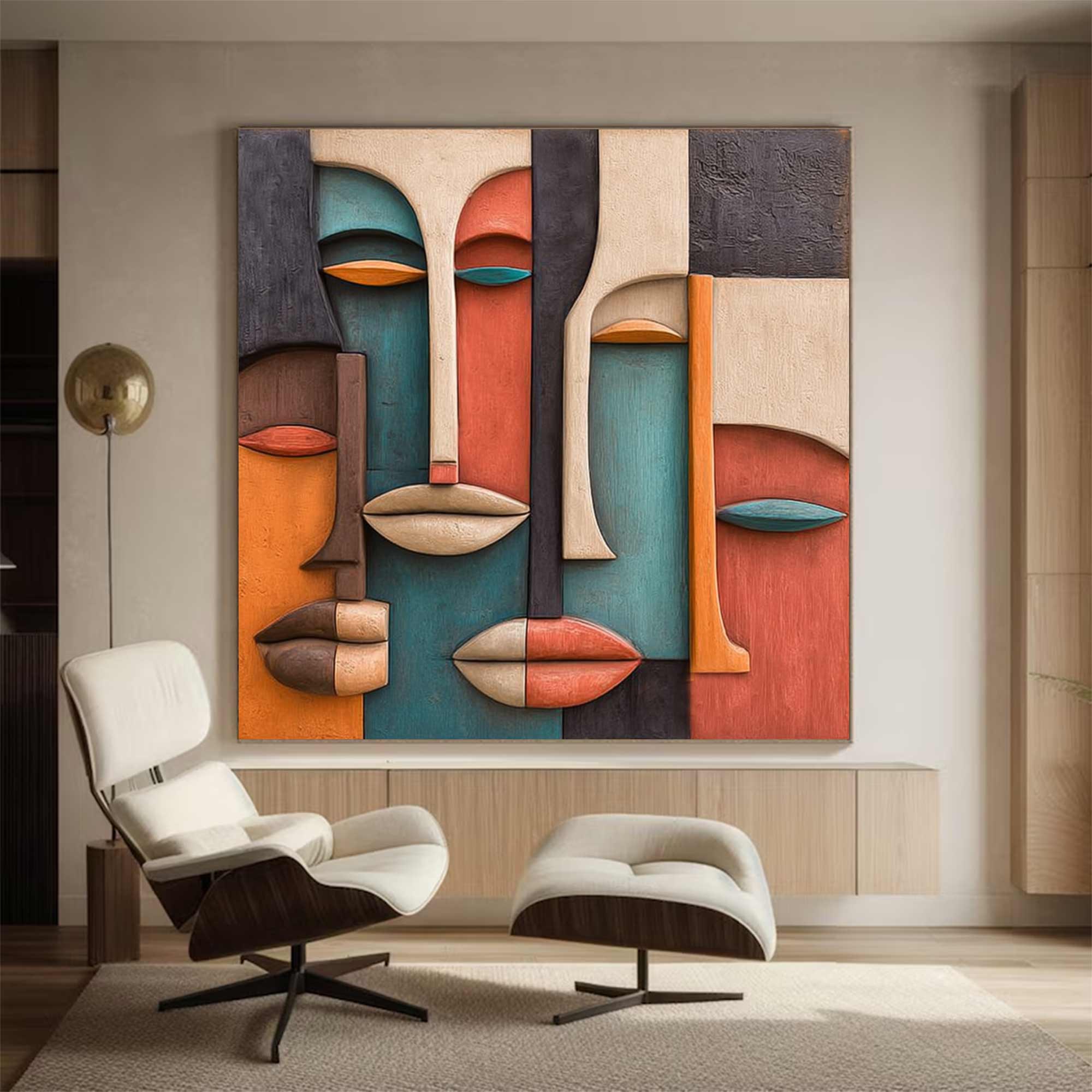 Hand-Painted Wood Carving Wall Art face Abstract 3D Textured Sculpture