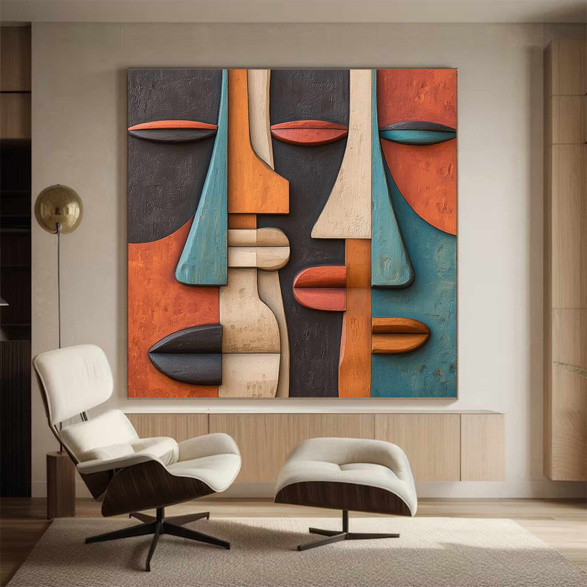 face Abstract 3D Textured Sculpture Hand-Painted Wood Carving Wall Art