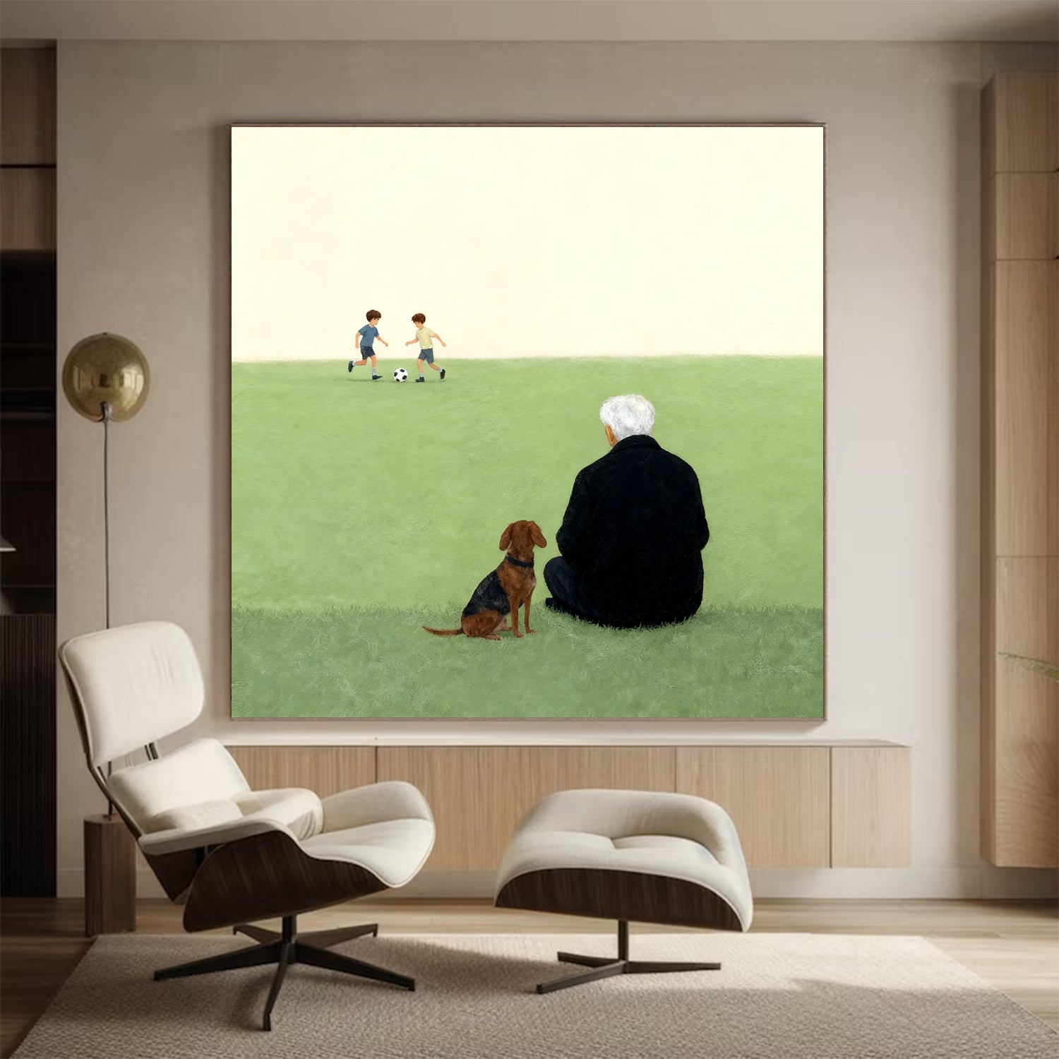 Elderly Man and Dog Oil Painting Nostalgic Senior & Pet Companion Wall Decor