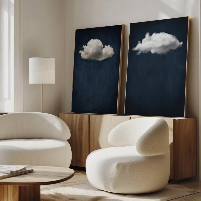 Set of 2 Blue painting white cloud sky painting Blue abstract painting