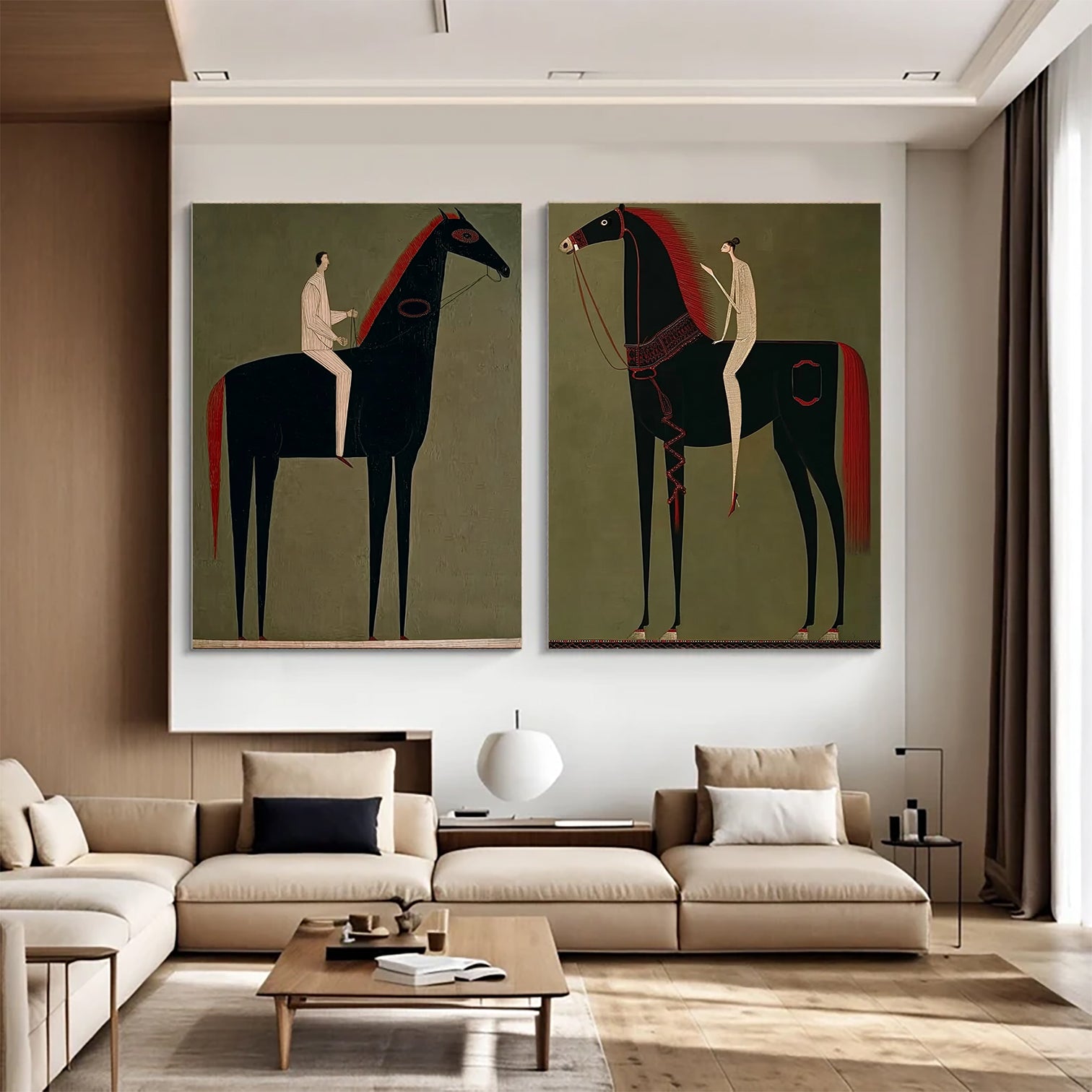 Modern living room with two large horse paintings on the wall.
