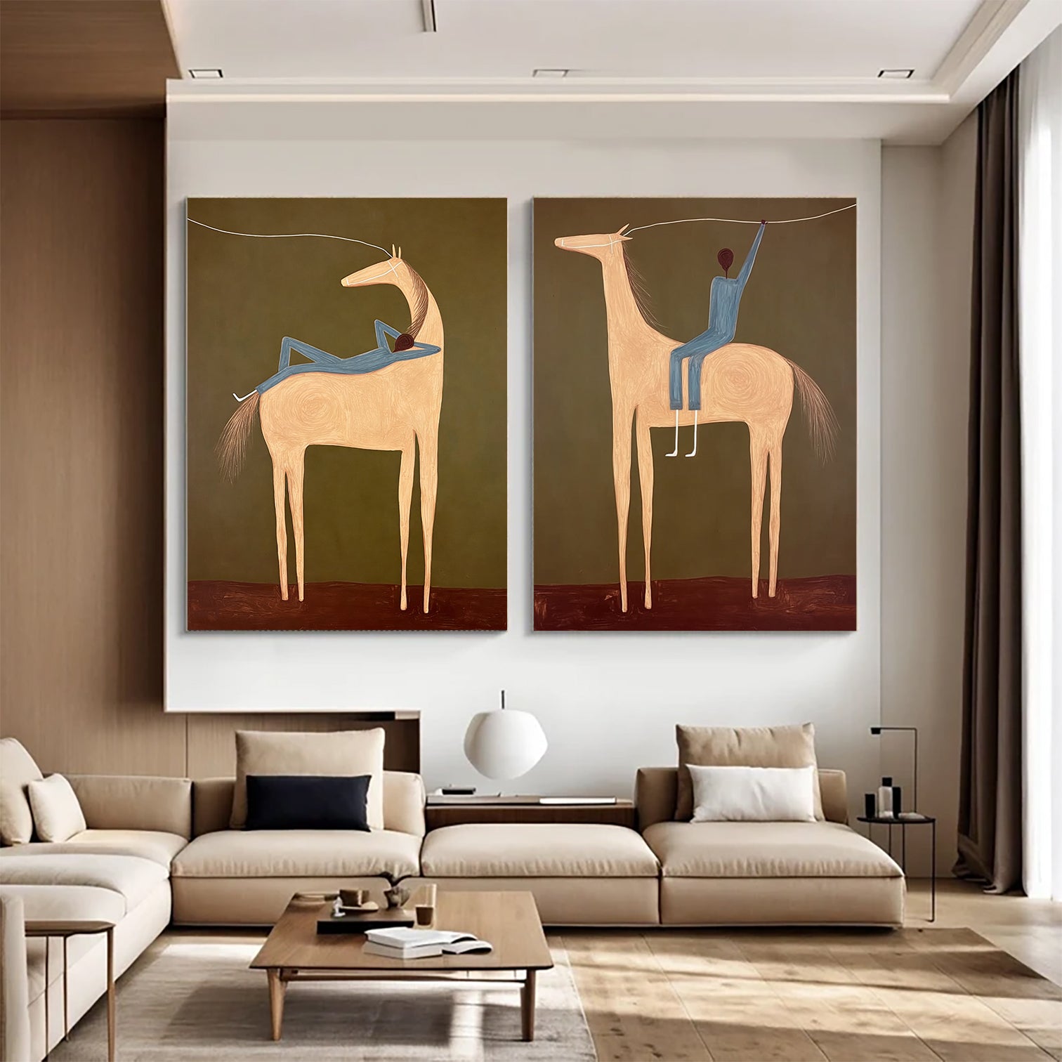 Set of 2 Equestrian Art Decor Earth Tone Minimalist Horse and Man Painting