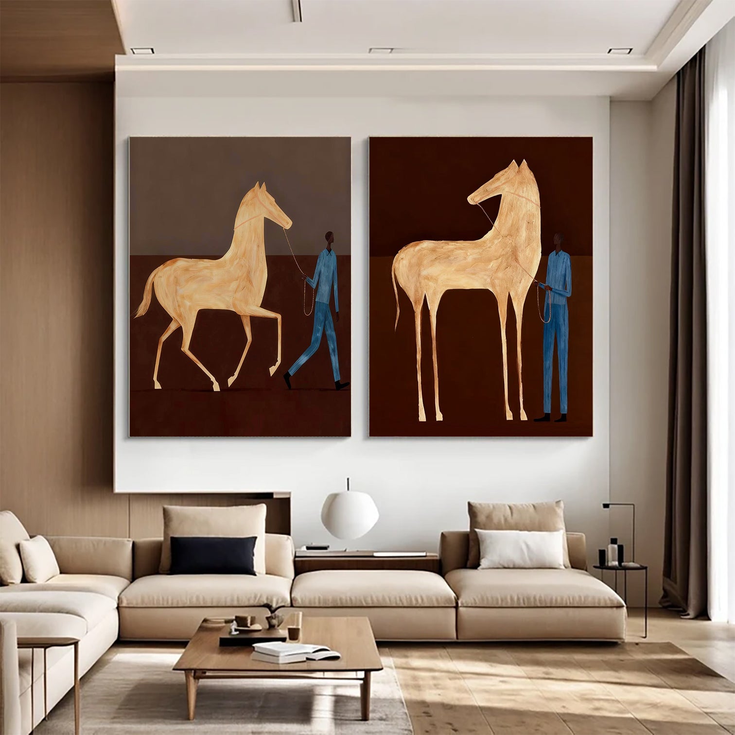 Set of 2 Earth Tone Decor Equestrian Wall Painting Man and Horse Painting