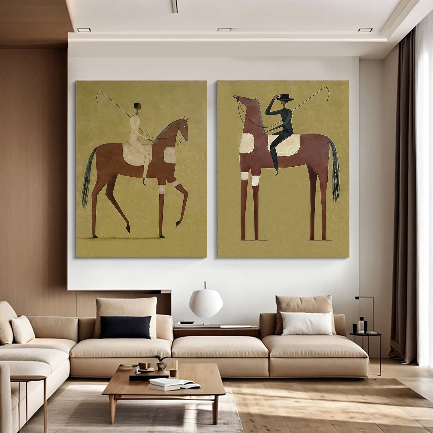 Set of 2 Equestrian Art Decor Minimalist Horse and Man Painting