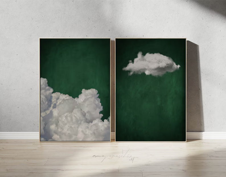 Set of 2 green art white cloud sky painting green abstract painting