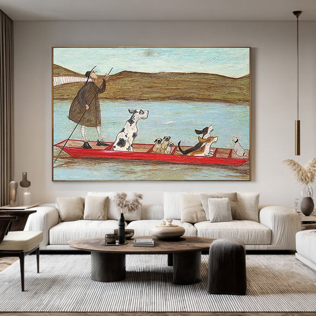 Modern Hand-Painted Canvas Wall Art, Quirky Animal Adventure Decor for Living Room