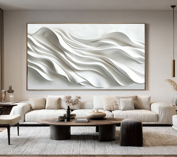 Large 3D Wave Wood Carving Wall Art Hand-Sculpted White Abstract Panel for Living Room Decor