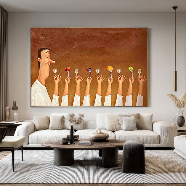 Humorous Kitchen Wall Art, Hand Painted Oil Painting, Large Wall Decor for Foodie Gift.