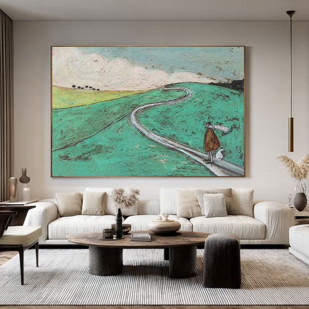 Modern Landscape Oil Painting, Whimsical Man and Dog on Winding Road, Minimalist Green Nature Wall Art