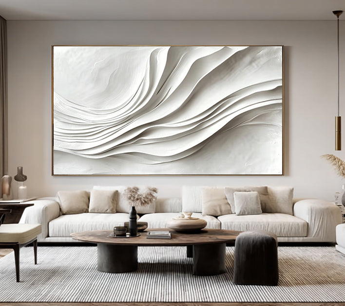 Large White 3D Textured Flowing Wave Wall Art - Modern Minimalist Wood Relief Painting for Living Room