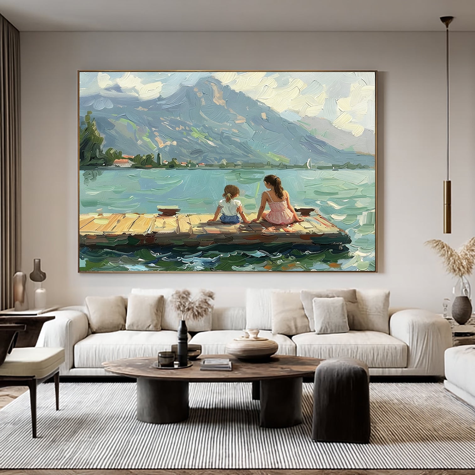 green landscape abstract painting two girls Summer lakeside landscape art