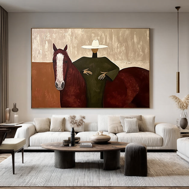 Modern Woman and Horse Painting Wabi-sabi Luxury Living Room Decor